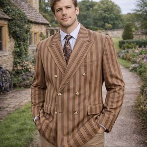 Vintage 70’s Tan w Blue & Brown Pin-stripes Blazer Sports Jacket